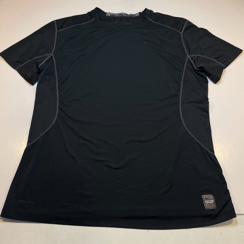 NIKE PRO COMBAT Dri Fit Fitted Athletic Gym Gear T SHIRT Sz Mens XL Black